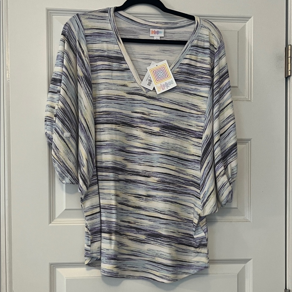 LuLaRoe Purple and Cream Striped V-Neck Blouse